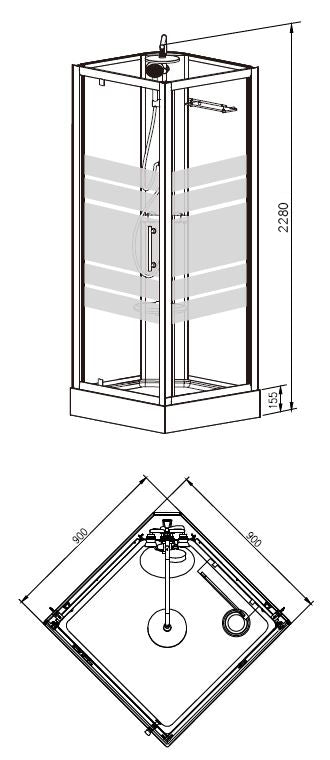 Maattekening Thermo complete douchecabine 90x90x228cm 5mm glas Aluminium - tekening 2