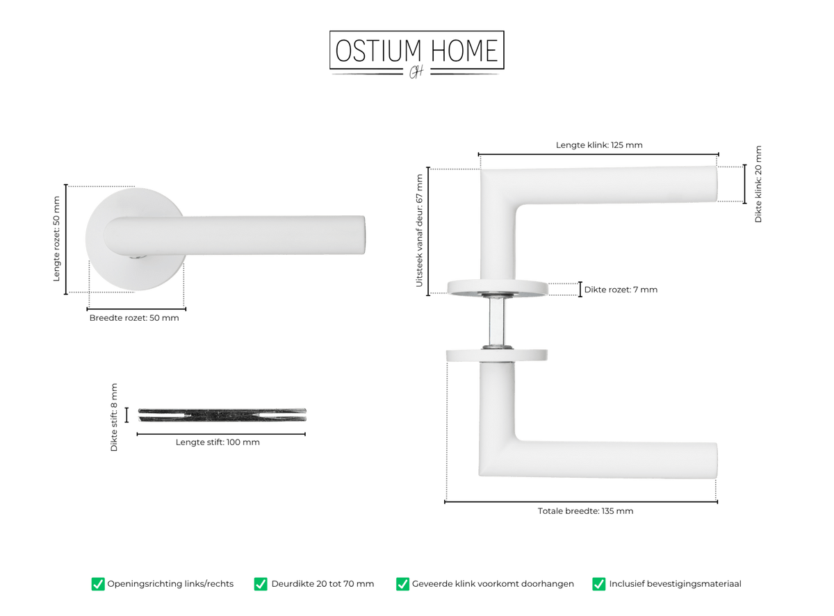 Maattekening van deurklink Civita in wit