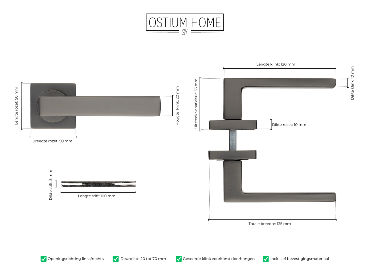 Maattekening van deurklink Anzio in gun metal