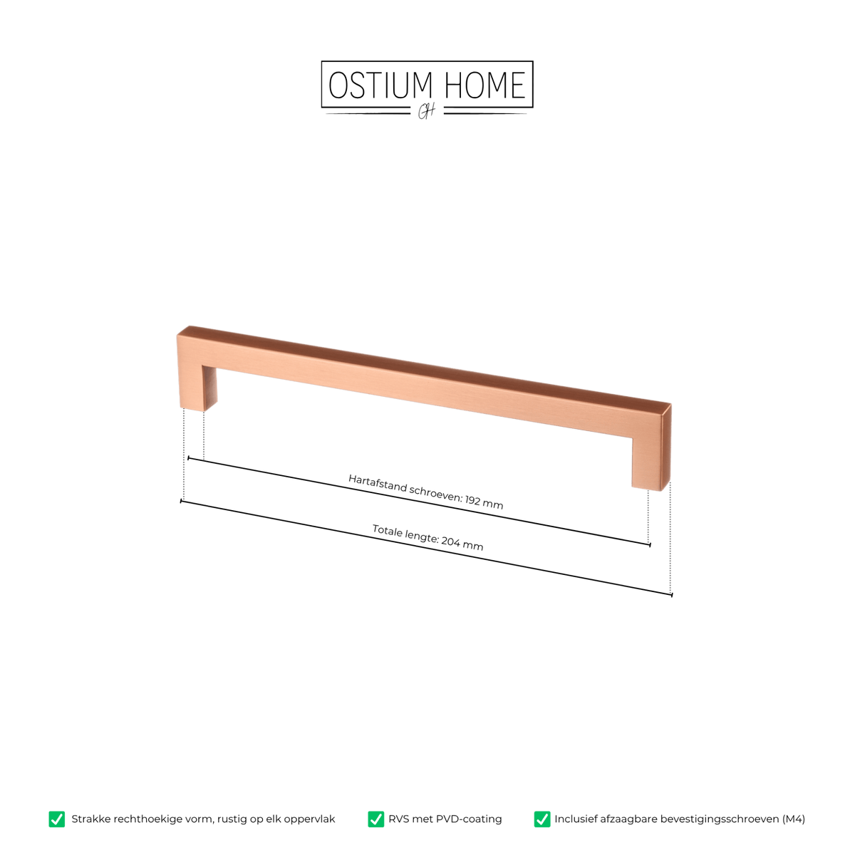 Maattekening van meubelgreep in koper, hartafstand 192 mm, lengte 204 mm