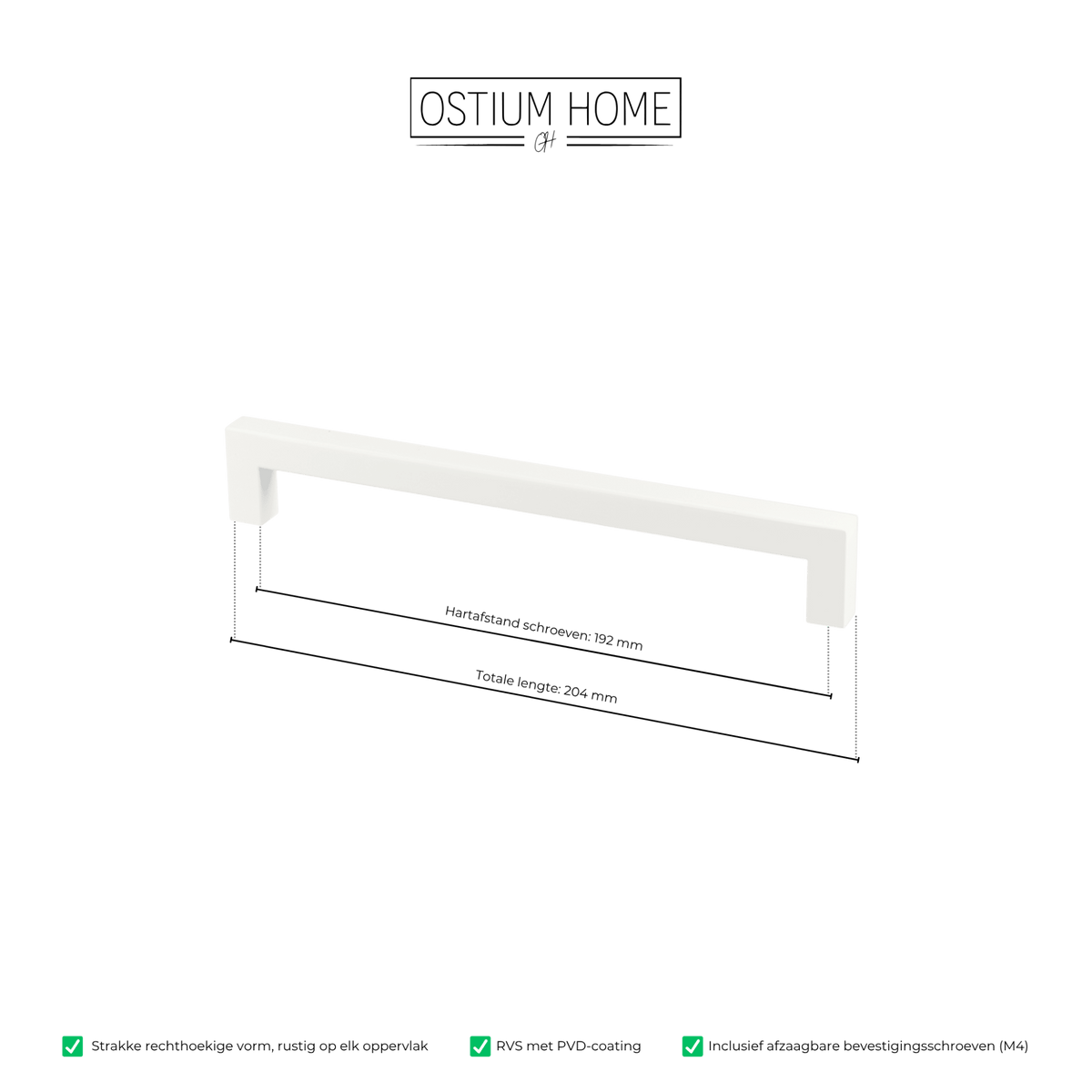 Maattekening van meubelgreep in wit, hartafstand 192 mm, lengte 204 mm