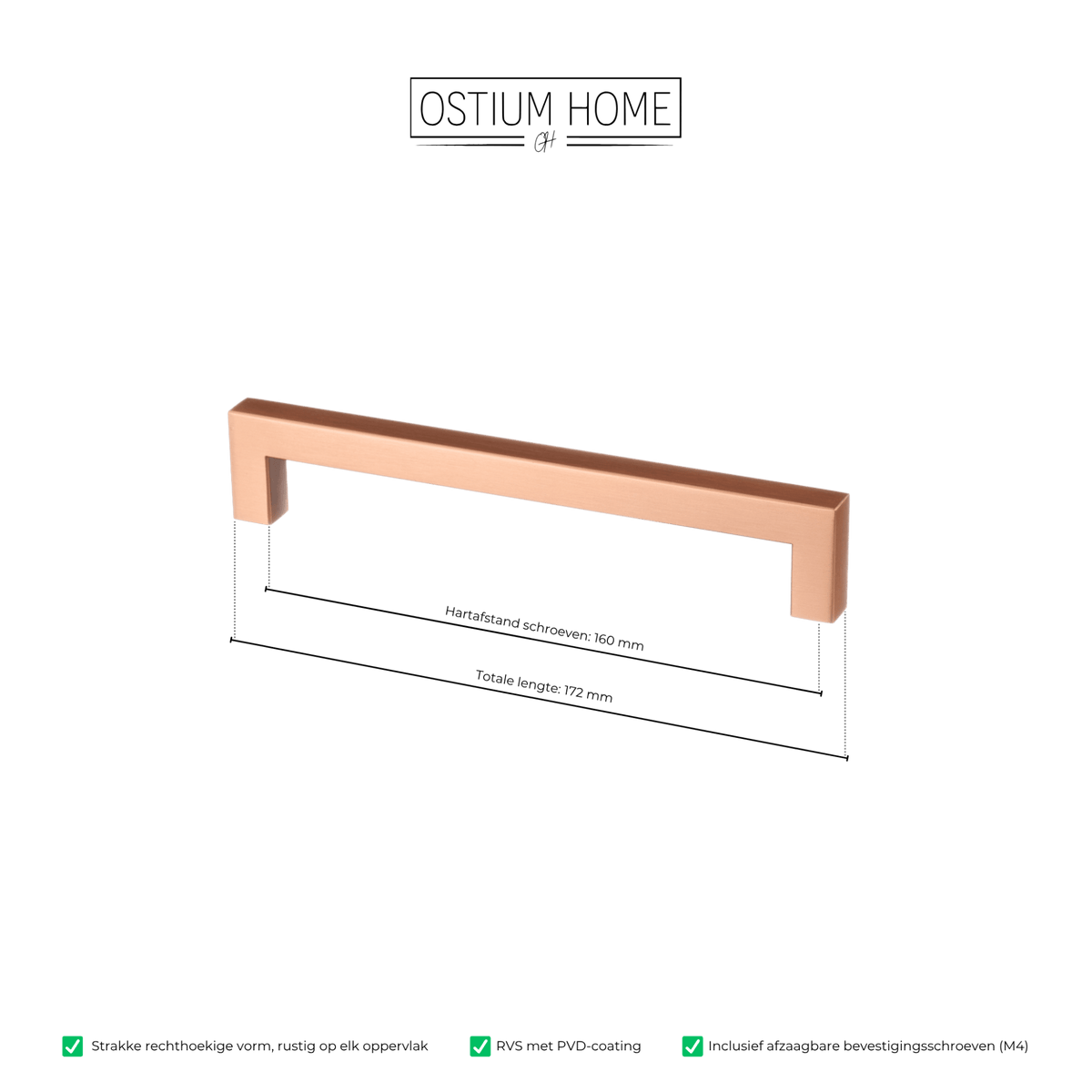 Maattekening van meubelgreep in koper, hartafstand 160 mm, lengte 172 mm