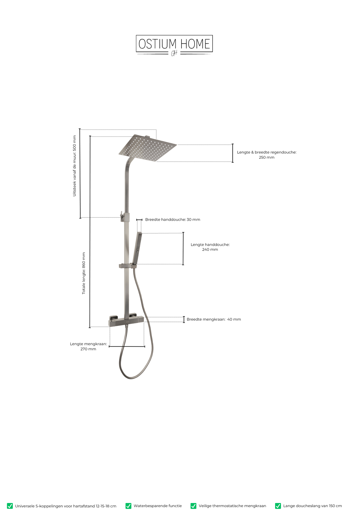 Maattekening van vierkante regendoucheset Voltri in gun metal