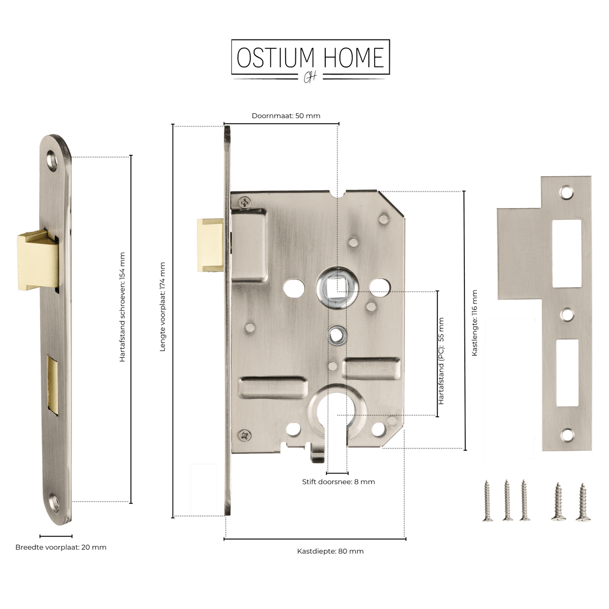 Maattekening van cilinderinsteekslot RVS PC 55 mm