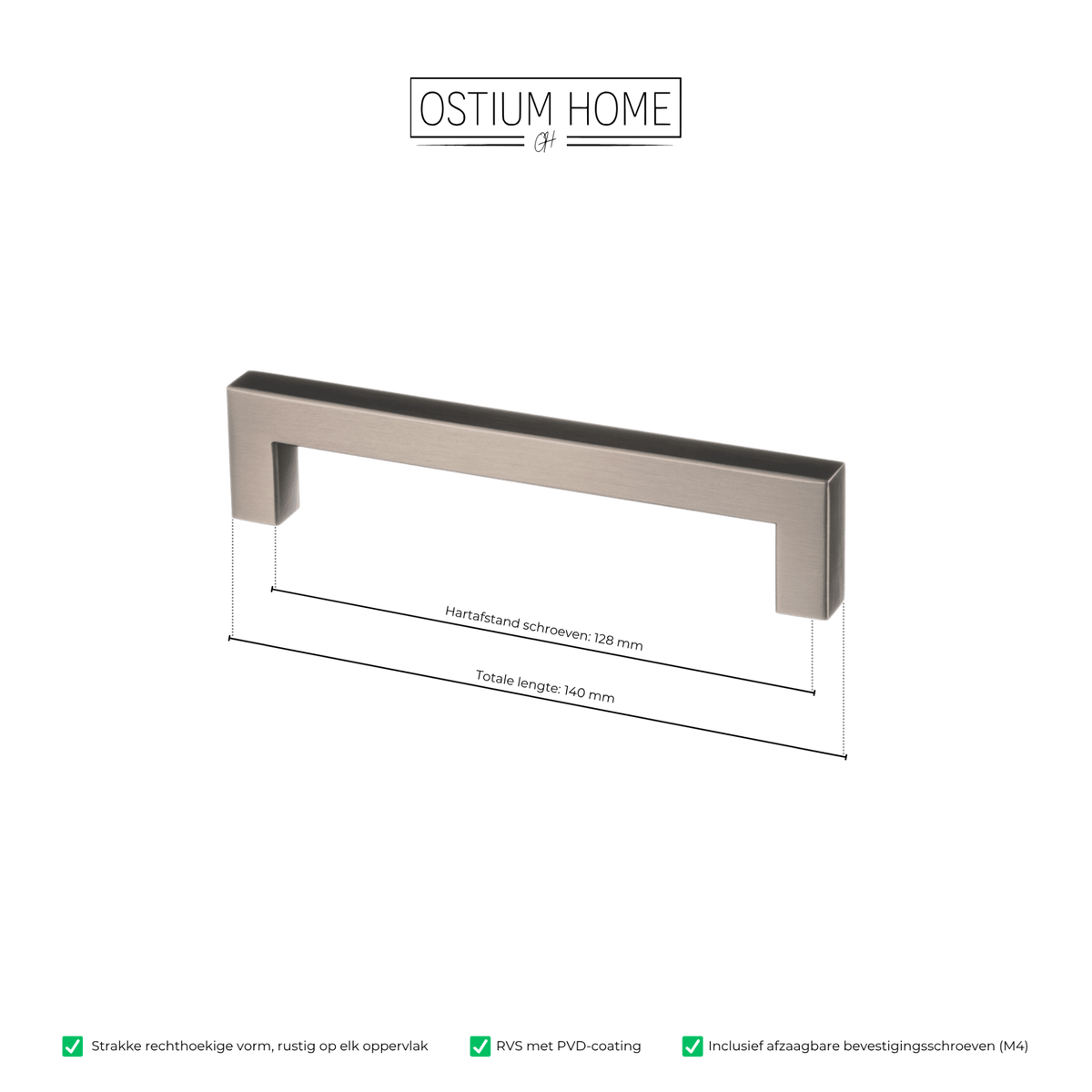 Maattekening van meubelgreep in gun metal, hartafstand 128 mm, lengte 140 mm