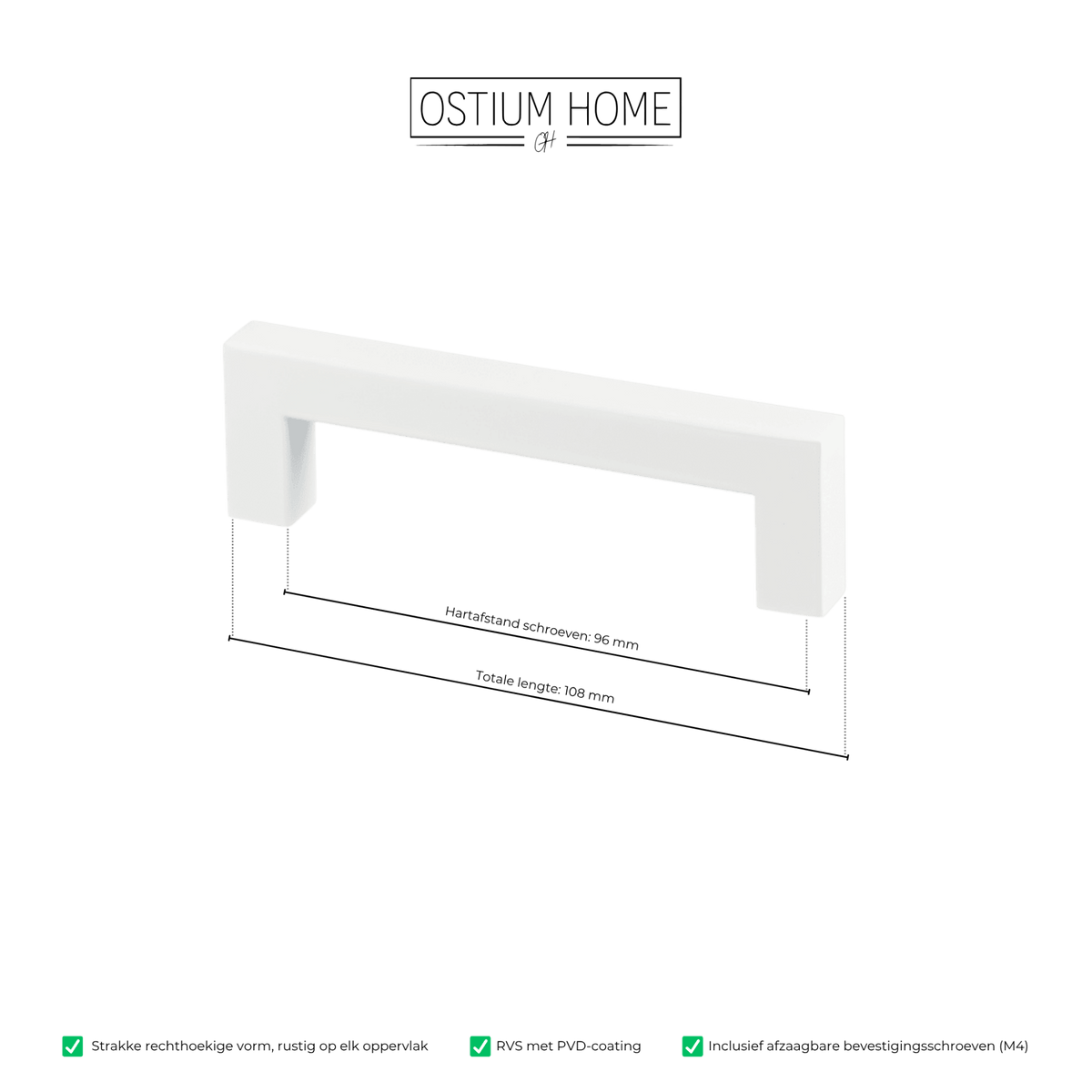 Maattekening van meubelgreep in wit, hartafstand 96 mm, lengte 108 mm
