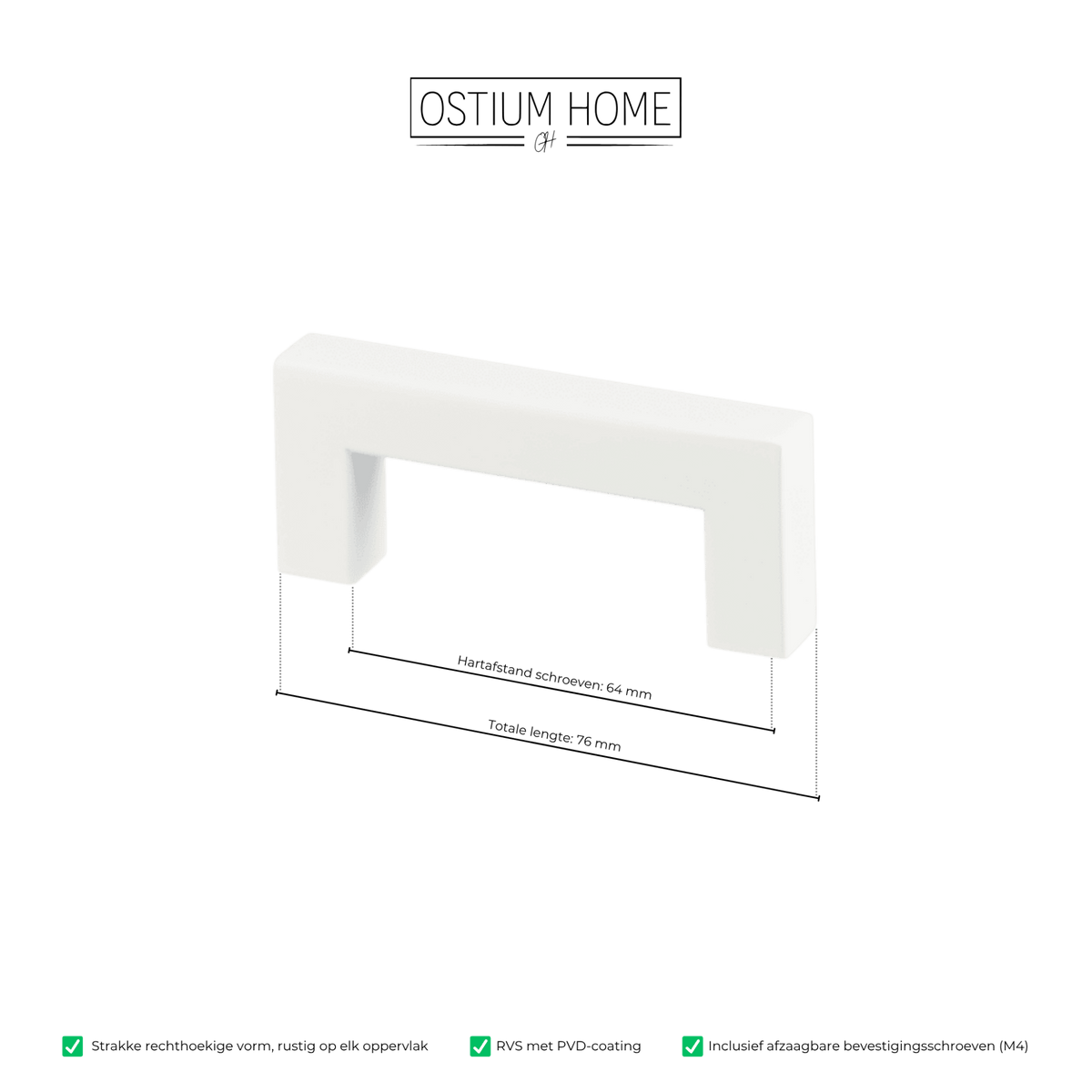 Maattekening van meubelgreep in wit, hartafstand 64 mm, lengte 76 mm