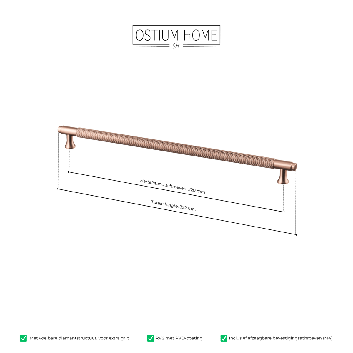 Maattekening van meubelgreep in koper met diamond cut structuur, hartafstand 320 mm, lengte 352 mm