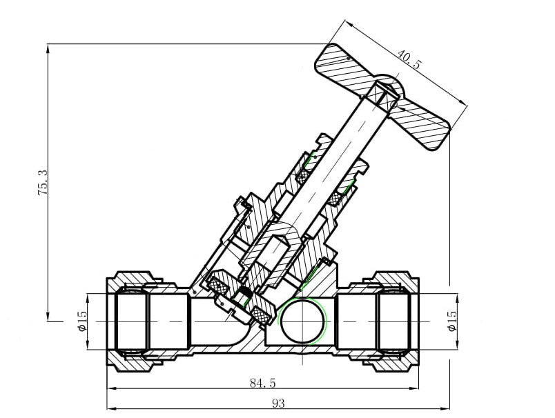Lijntekening Stopkraan 15mm g.keur knel x knel aftapgelegenheid