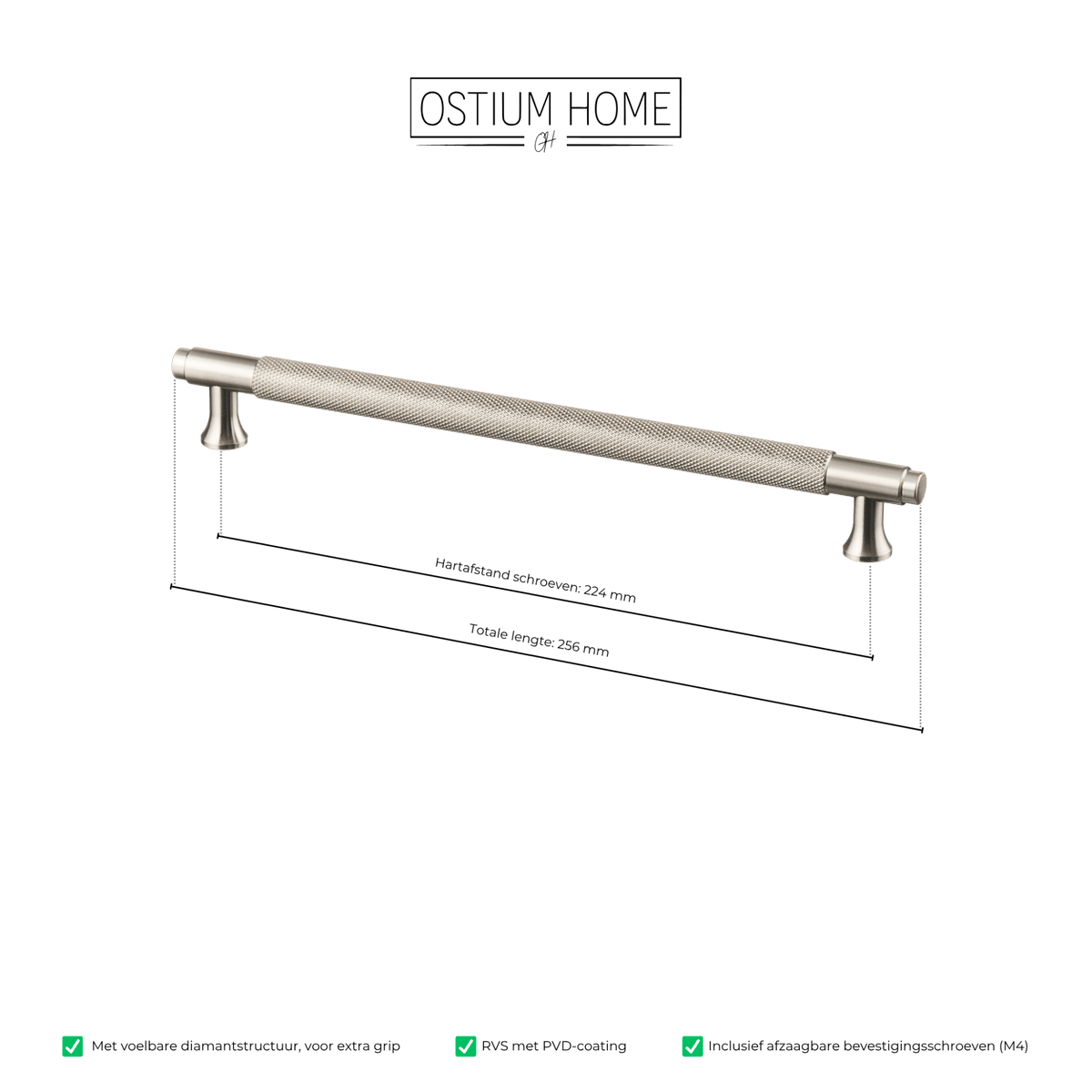 Maattekening van meubelgreep in RVS met diamond cut structuur, hartafstand 224 mm, lengte 256 mm