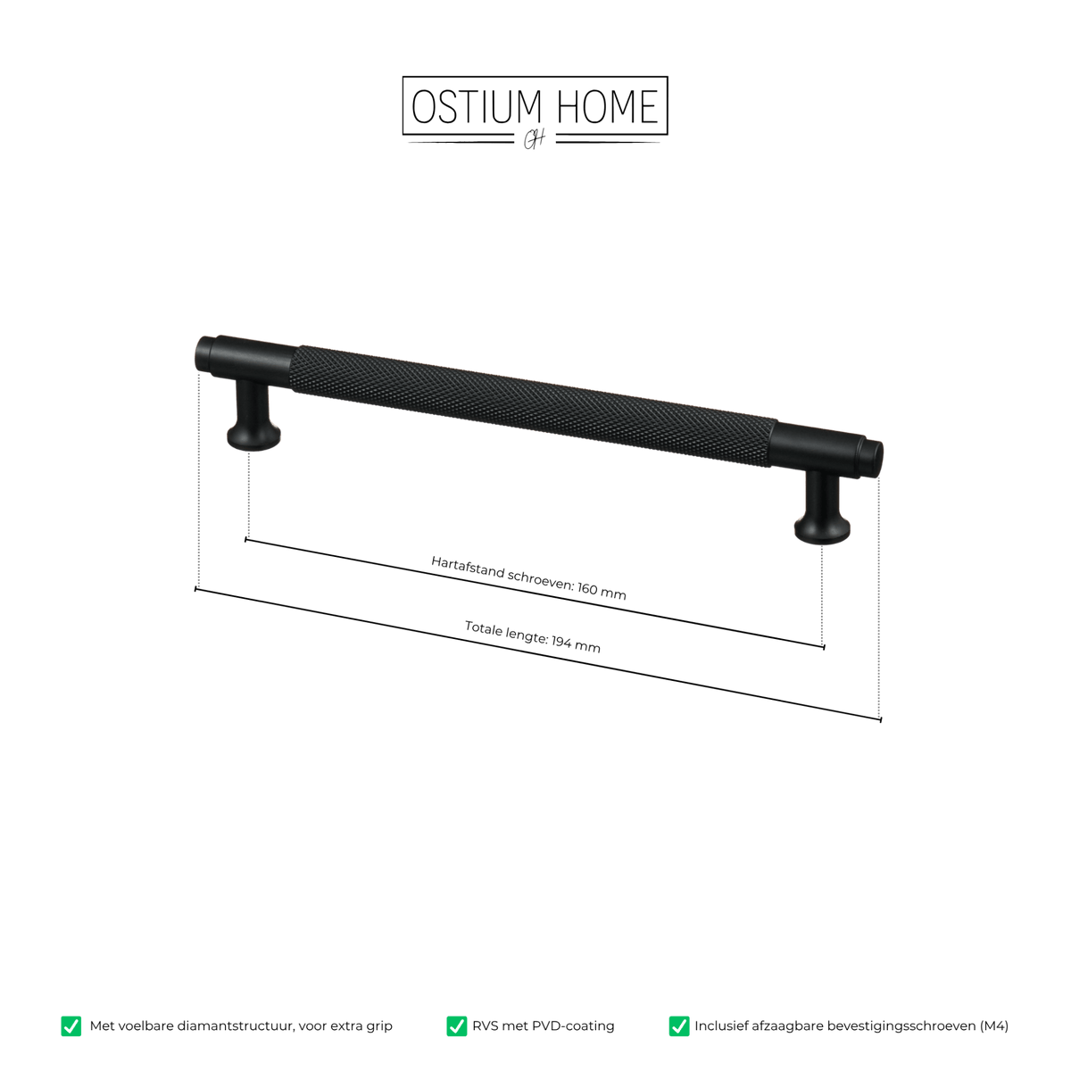 Maattekening van meubelgreep in zwart met diamond cut structuur, hartafstand 160 mm, lengte 194 mm
