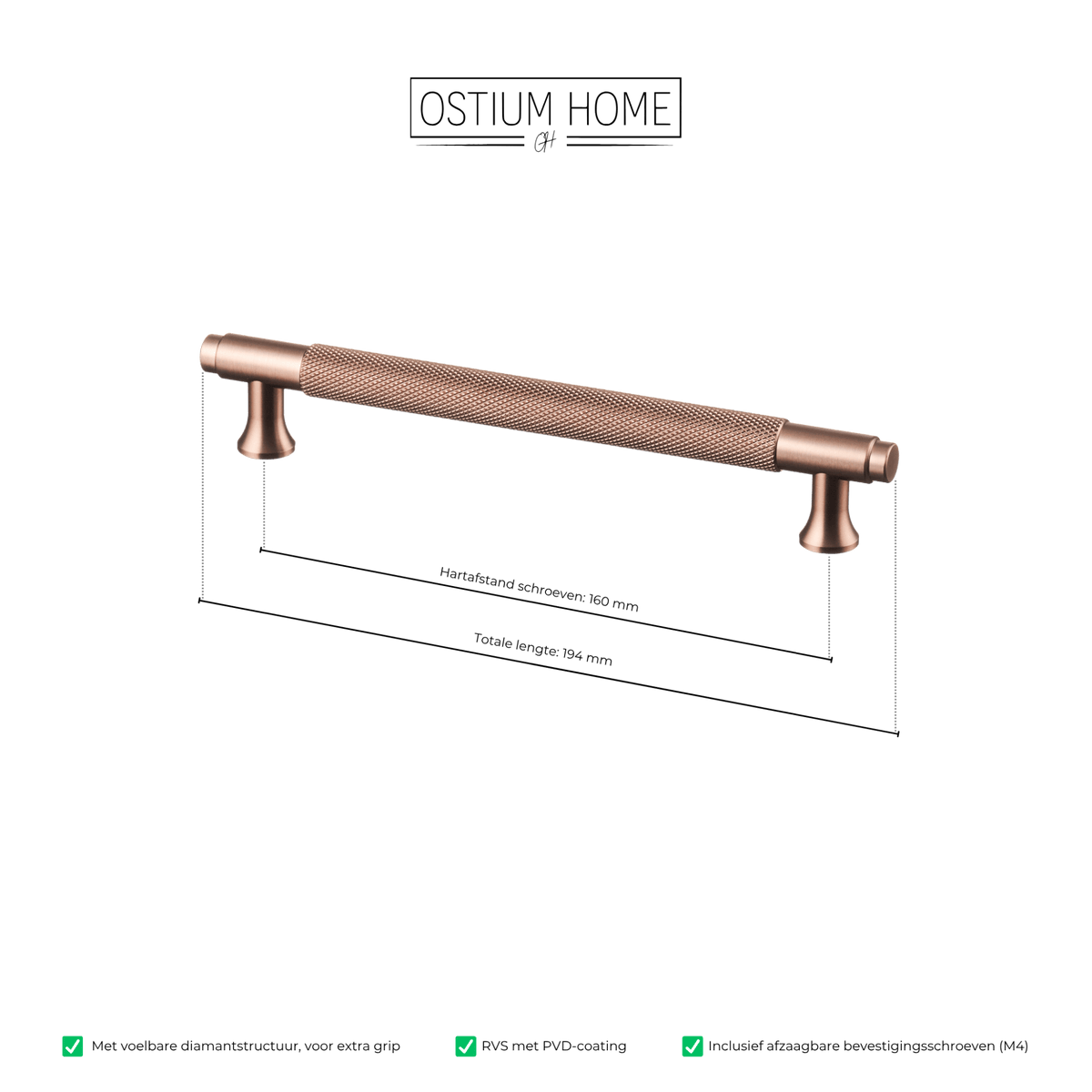 Maattekening van meubelgreep in koper met diamond cut structuur, hartafstand 160 mm, lengte 194 mm