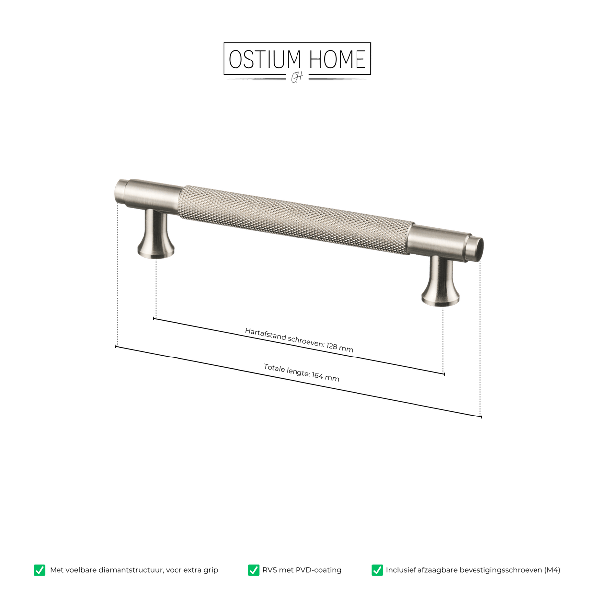 Maattekening van meubelgreep in RVS met diamond cut structuur, hartafstand 128 mm, lengte 164 mm