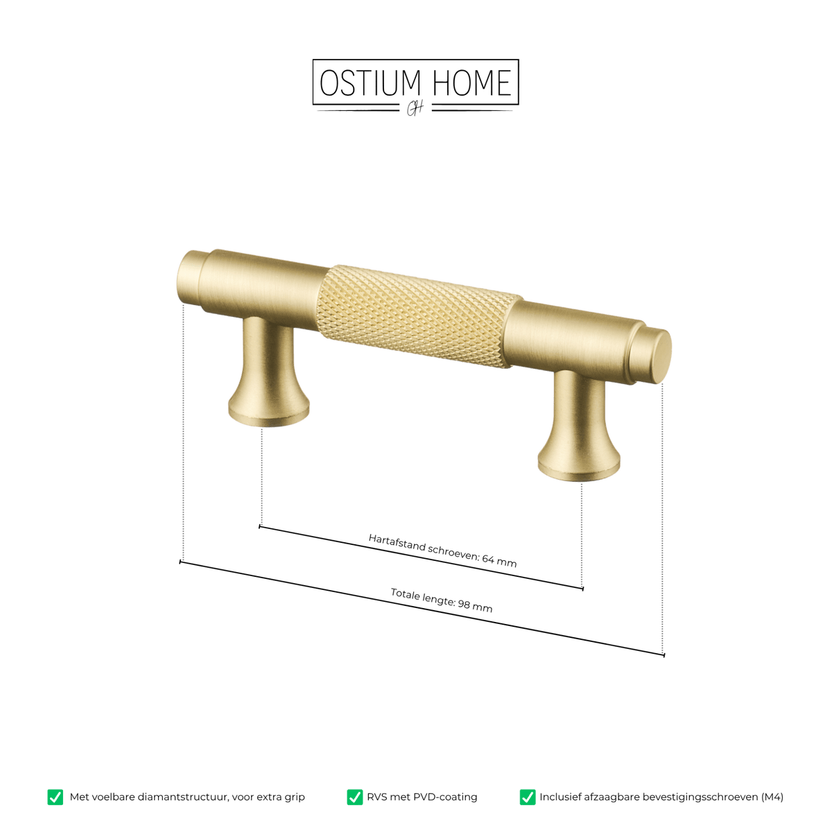 Maattekening van meubelgreep in goud met diamond cut structuur, hartafstand 64 mm, lengte 98 mm