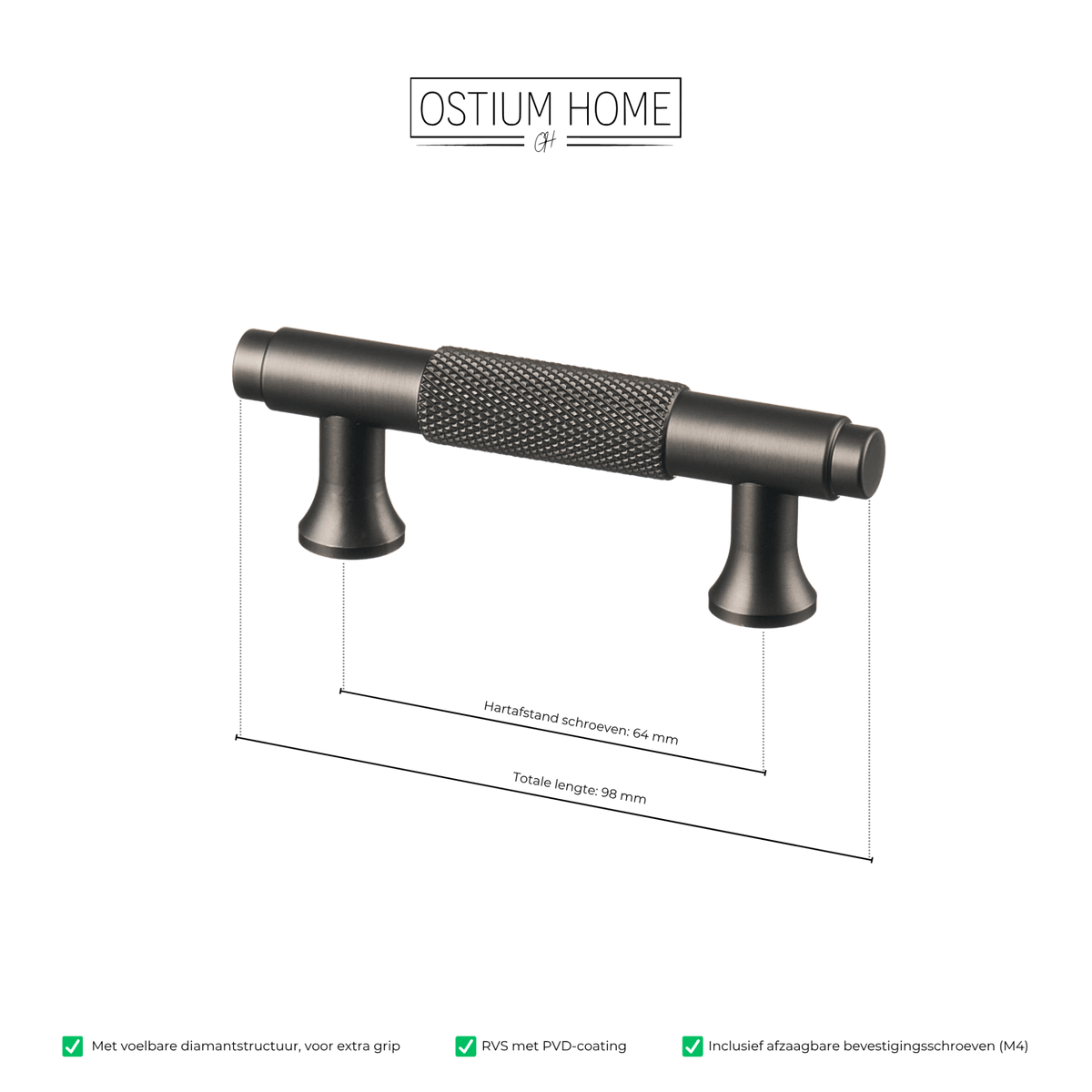 Maattekening van meubelgreep in gun metal met diamond cut structuur, hartafstand 64 mm, lengte 98 mm