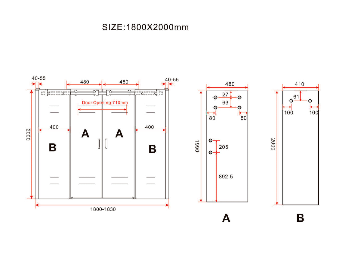 Maattekening Slide nis schuifdeur dubbel 180x200cm 8mm Nano helder glas Mat zwart