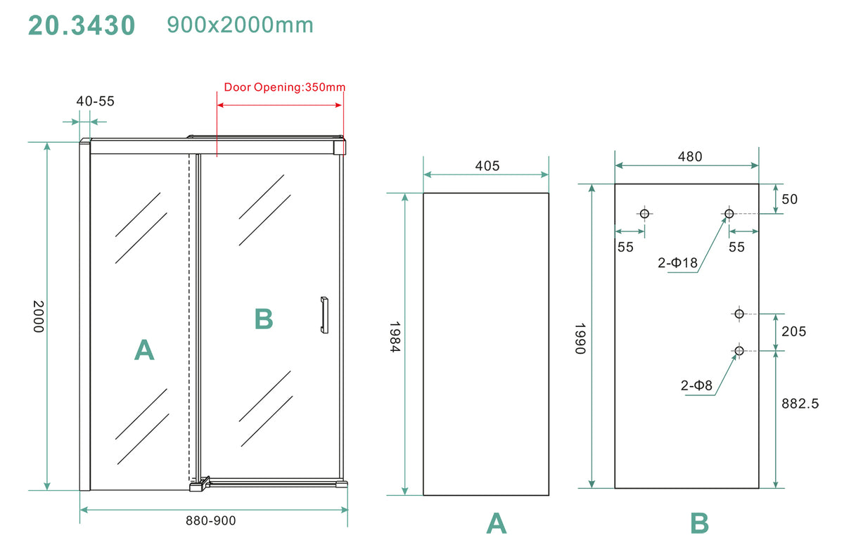 Maattekening Puerta nis schuifdeur 90x200cm 8mm Nano helder glas Chroom