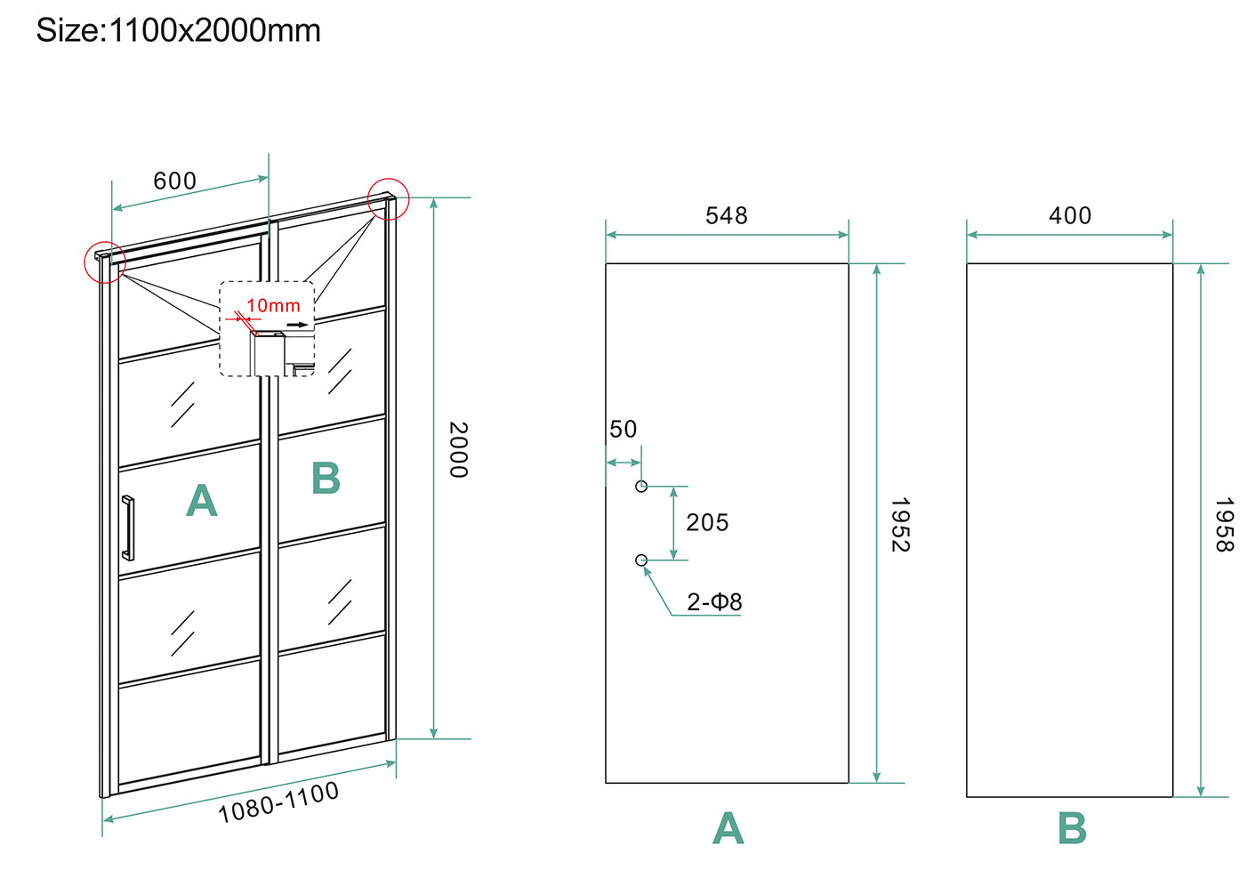 Horizon nisdeur met vast deel en raster | 110x200x0.8cm | Nano helder glas/mat zwart - WDtegels
