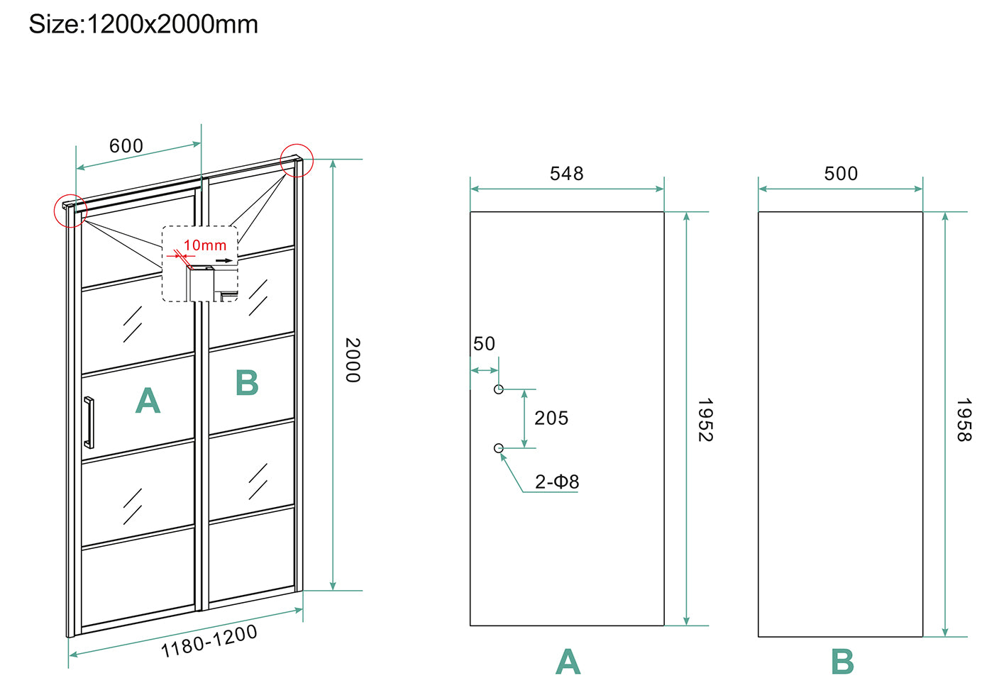 Horizon nisdeur met vast deel en raster | 120x200x0.8cm | Nano helder glas/mat zwart - WDtegels