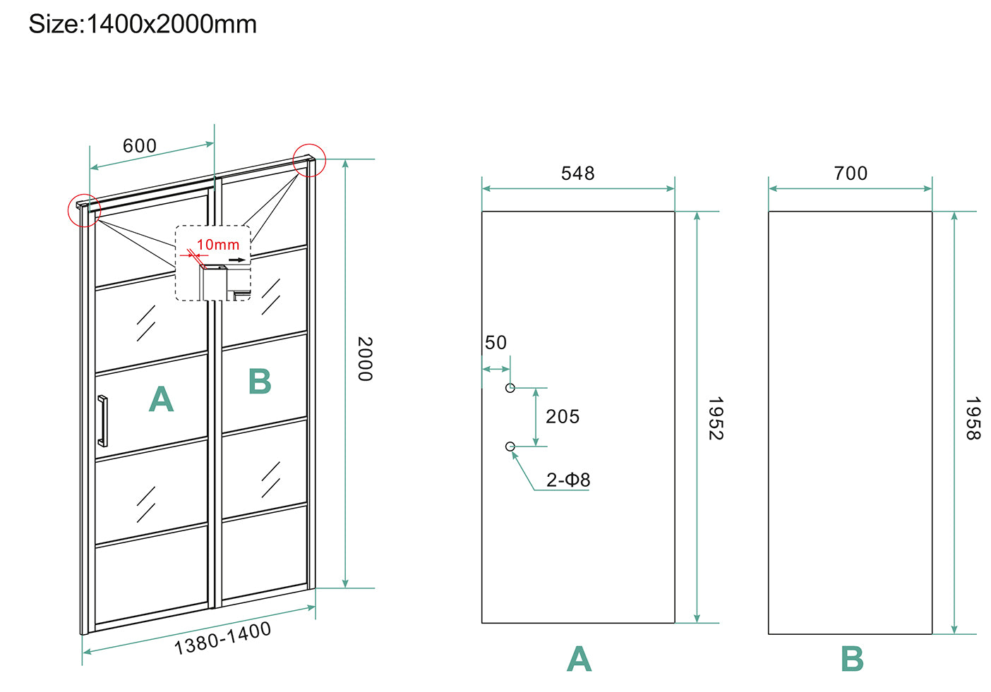 Horizon nisdeur met vast deel en raster | 140x200x0.8cm | Nano helder glas/mat zwart - WDtegels