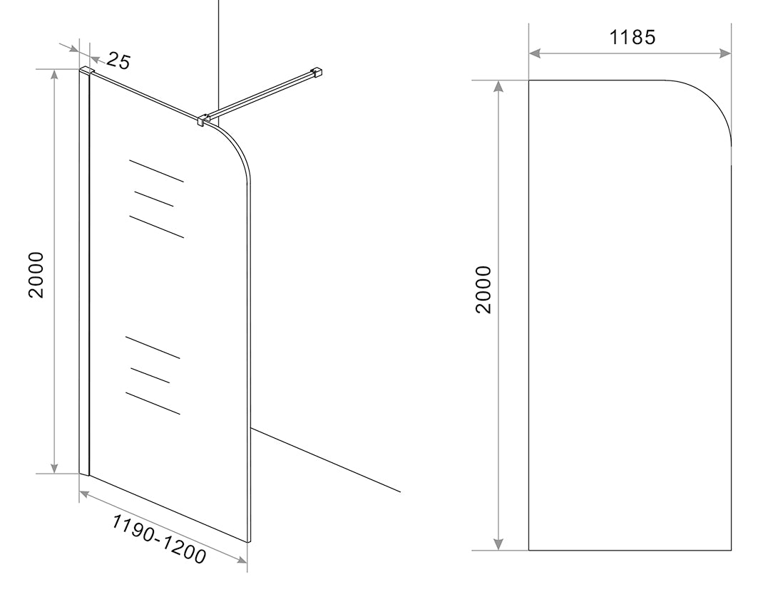 Maattekening Curvea inloopdouche 120x200cm 8mm Nano vintage brons glas