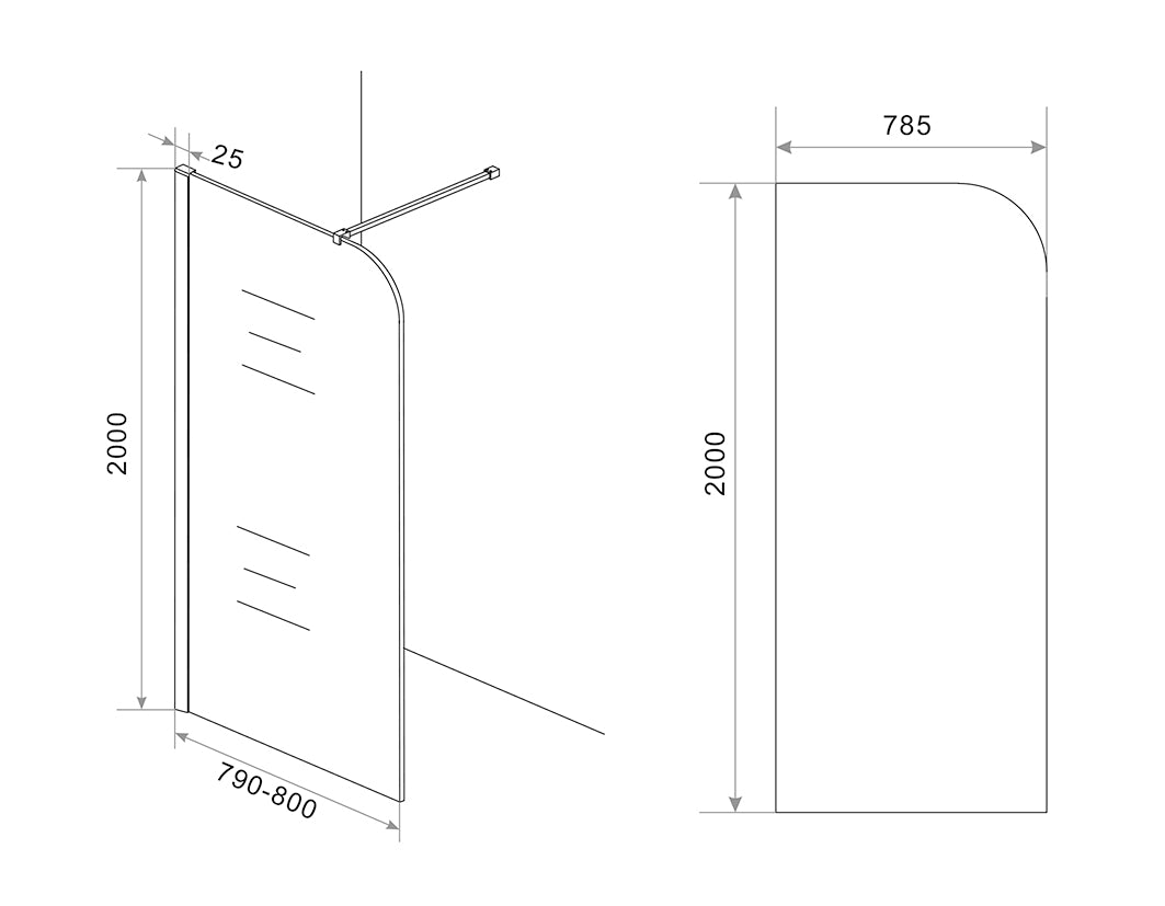 Maattekening Curvea inloopdouche 80x200cm 8mm Nano rookglas