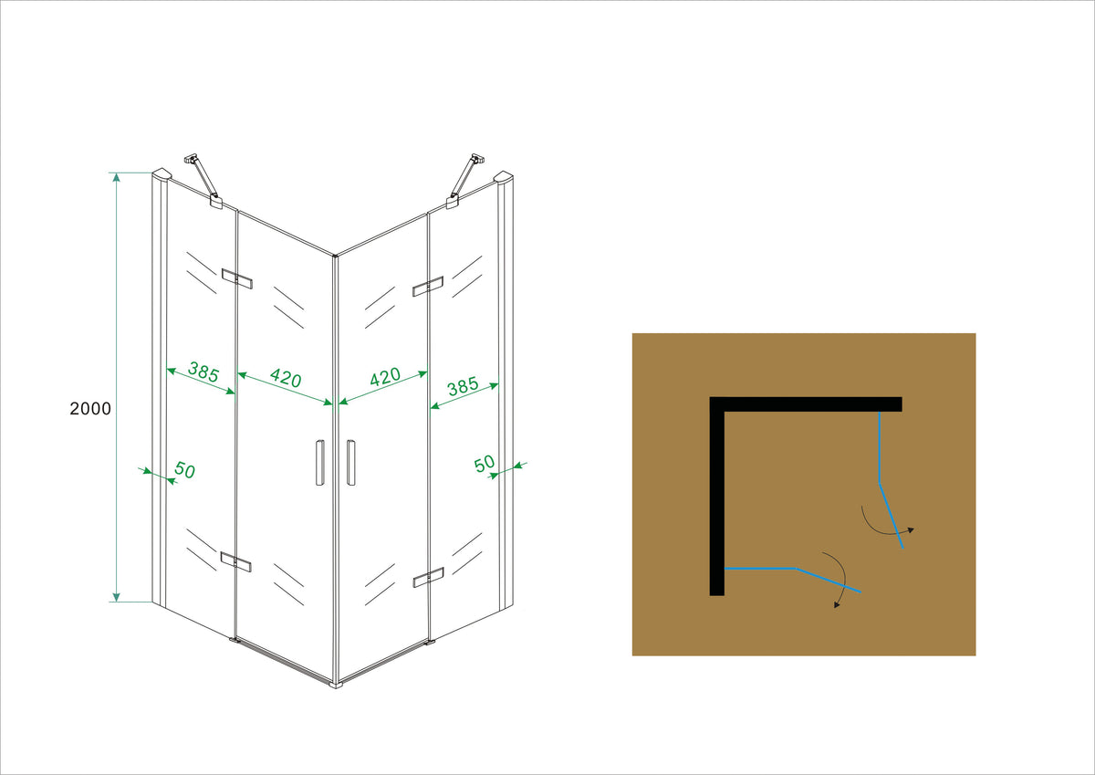 Maattekening Double douchecabine hoekinstap met 2 draaideuren 90x90x200cm 8mm Nano helder glas Chroom