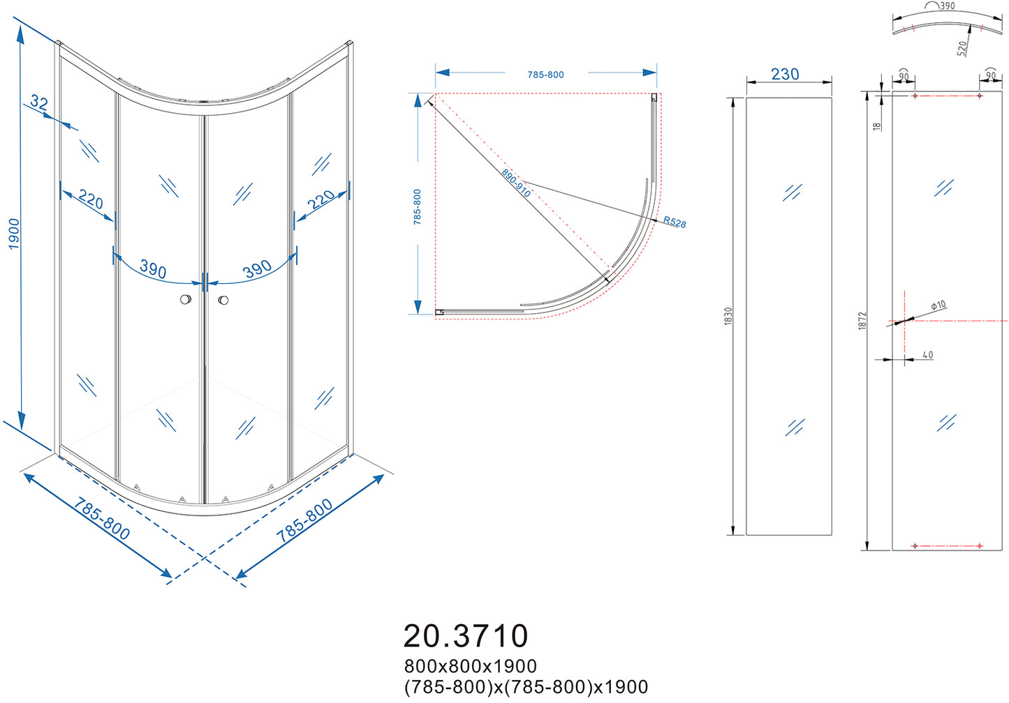 Eco kwartronde douchecabine | 2 schuifdeuren | 80x80x190cm | 5 mm nano helder glas/chroom - WDtegels