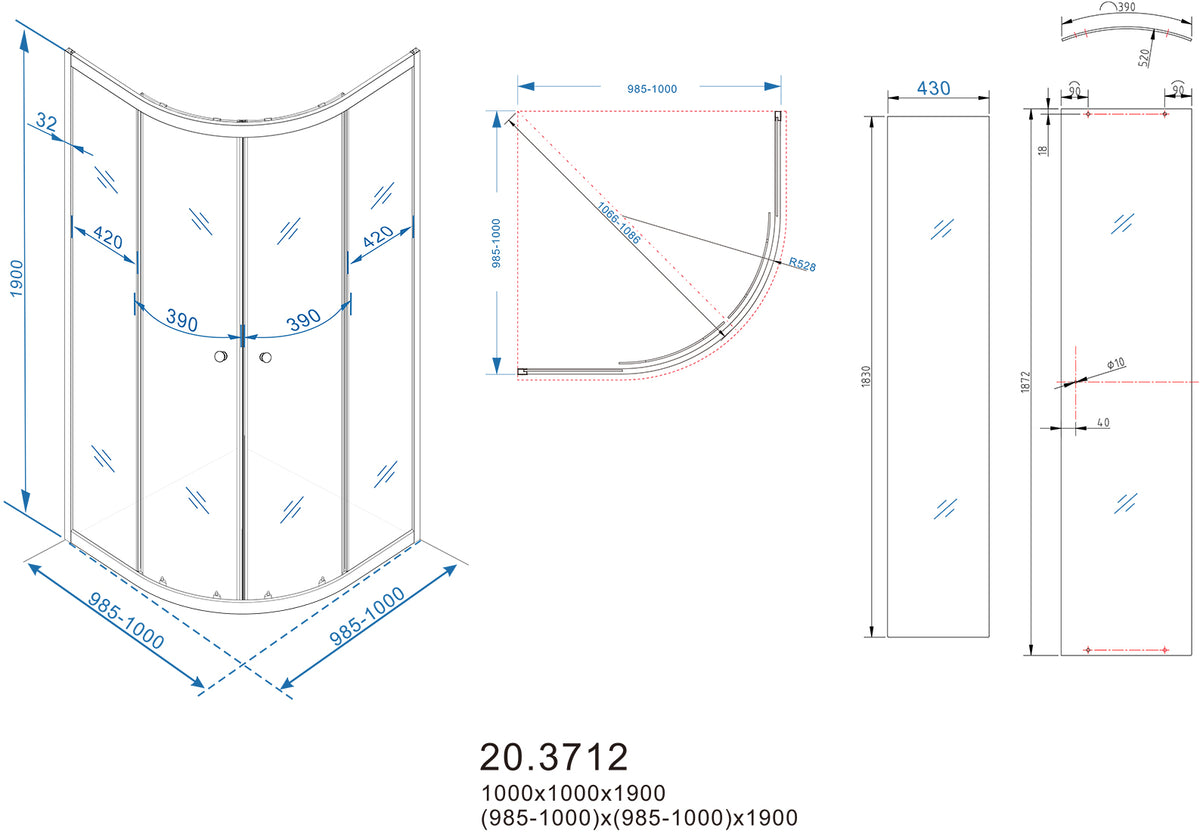 Maattekening Eco douchecabine kwartrond met 2 schuifdeuren 100x100x190cm 5mm Nano helder glas Chroom