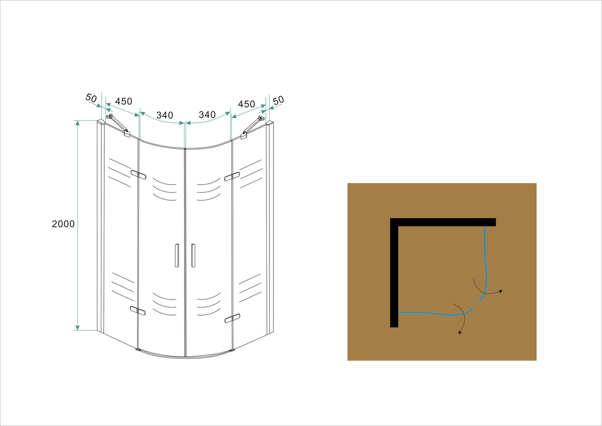 Maattekening Double douchecabine kwartrond met 2 draaideuren 100x100x200cm 8mm Nano helder glas Chroom