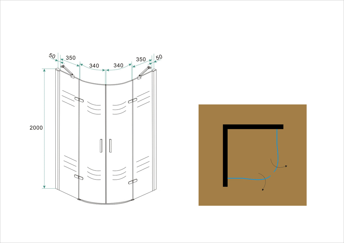Maattekening Double douchecabine kwartrond met 2 draaideuren 90x90x200cm 8mm Nano helder glas Chroom