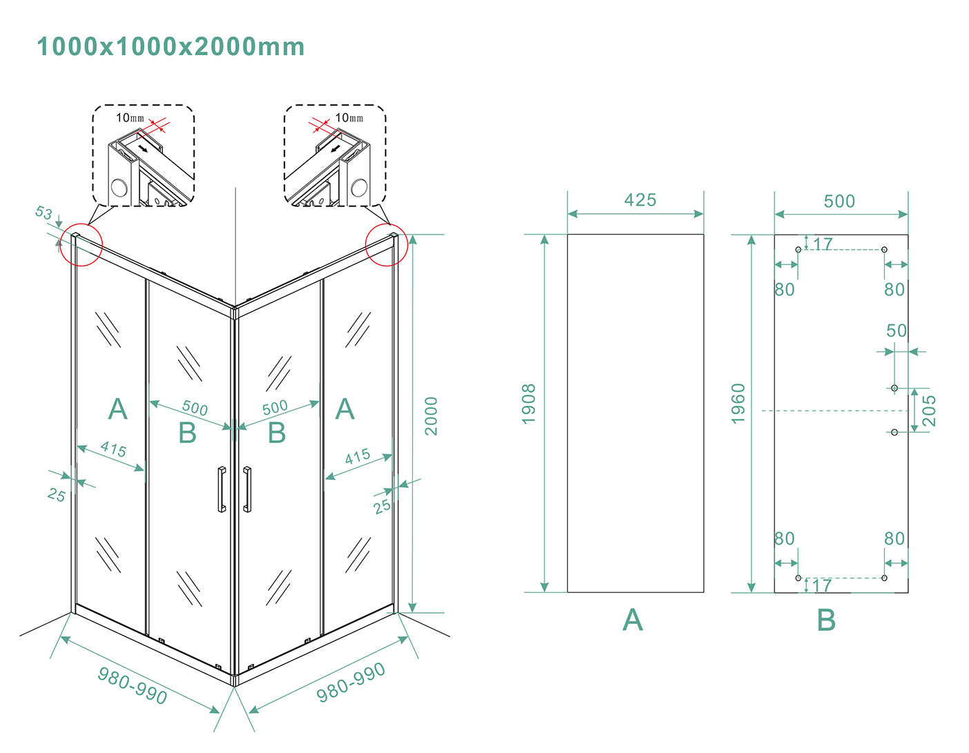 Skyline hoekinstap douchecabine | 2 schuifdeuren | 100x100x200cm | 8 mm nano helder glas/mat zwart - WDtegels