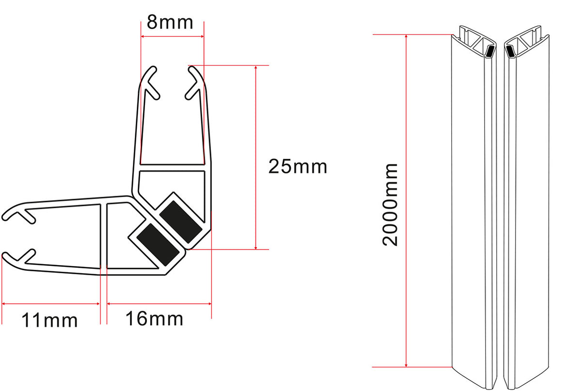 Maattekening Skyline magneetstrip Voor cabine 8mm Zwart