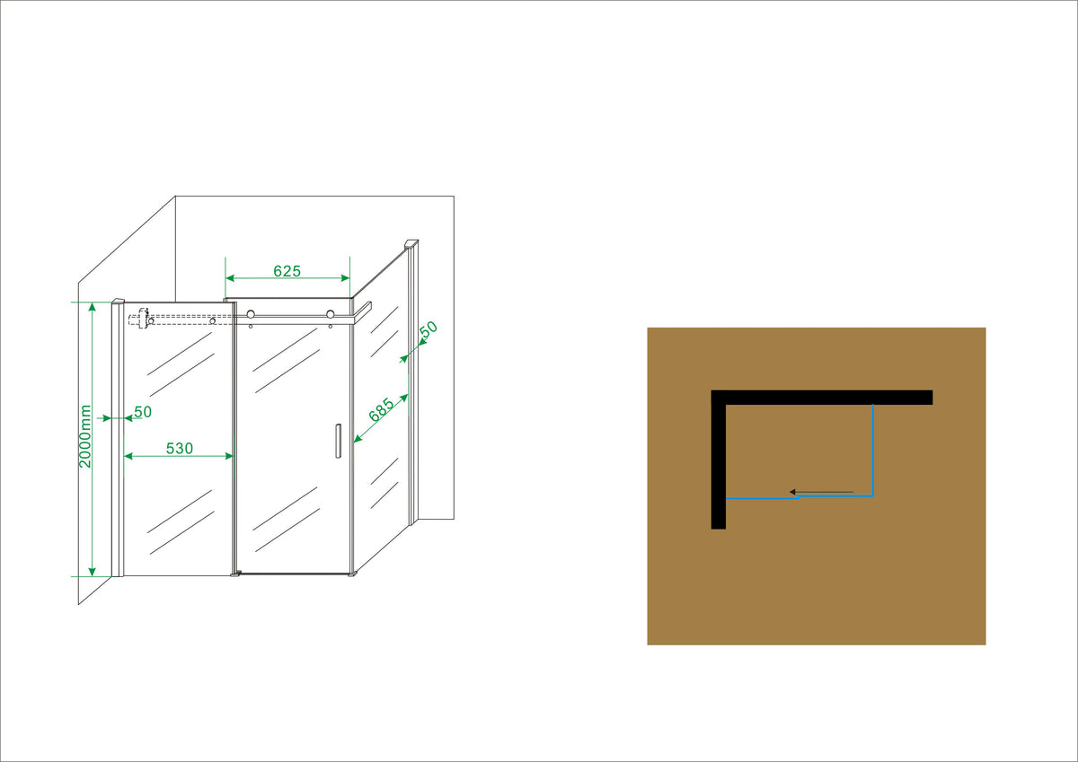 Maattekening Pared douchecabine met 1 schuifdeur 120x80x200cm 8mm Nano helder glas Chroom - tekening 2