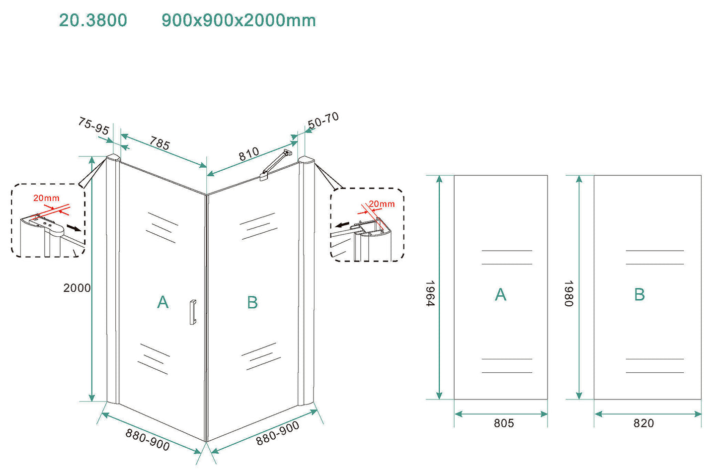Salone douchecabine | 1 draaideur | 90x90x200cm | 8 mm nano helder glas/mat zwart - WDtegels