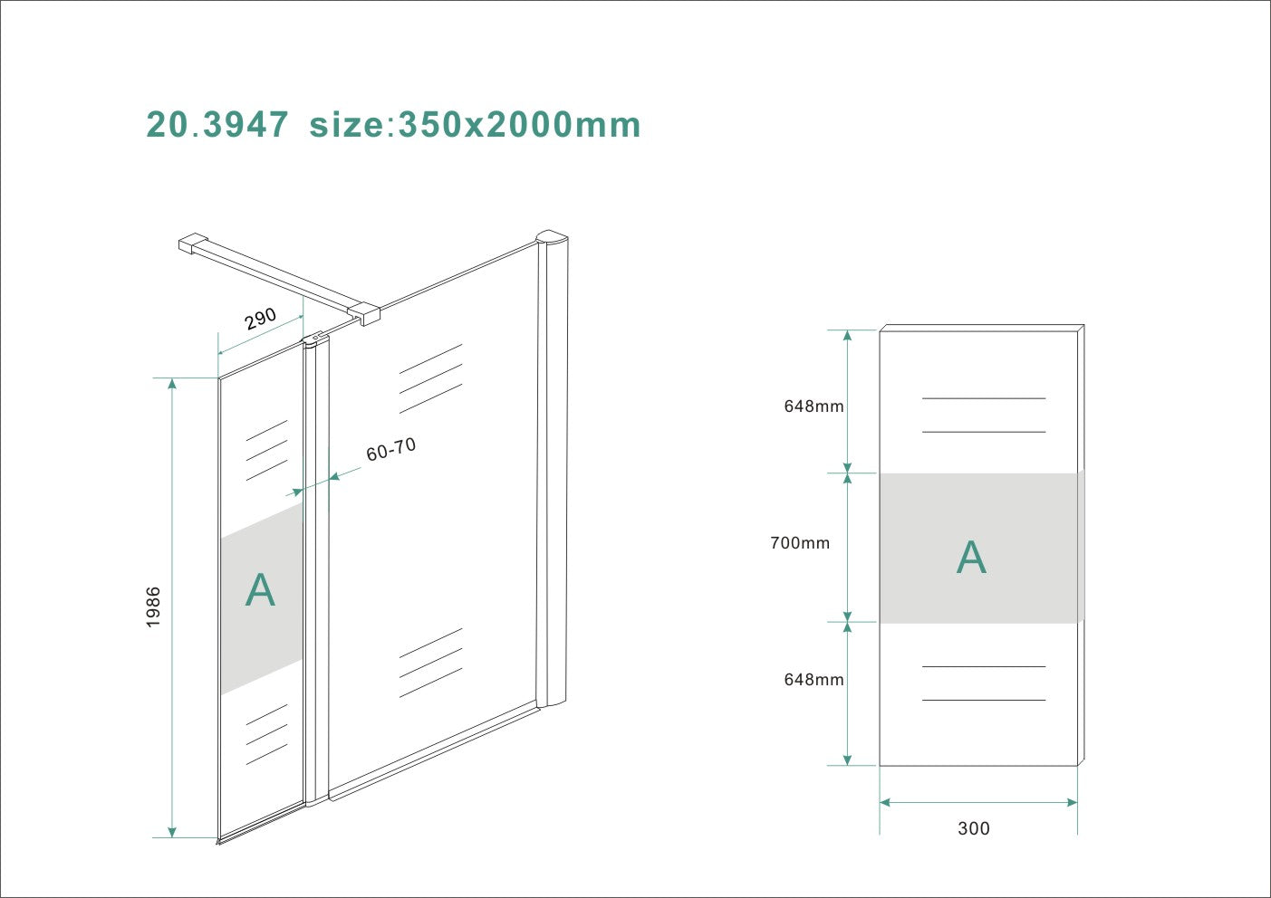 Wiesbaden zijwand+scharnierprof.rechts 350x2000 10mm NANO ged.matglas - WDtegels
