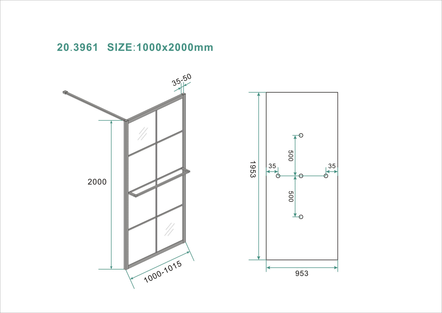 Wiesbaden Maaz inloopdouche zwart raster+handdoekhouder 100x200 cm - 10mm NANO glas