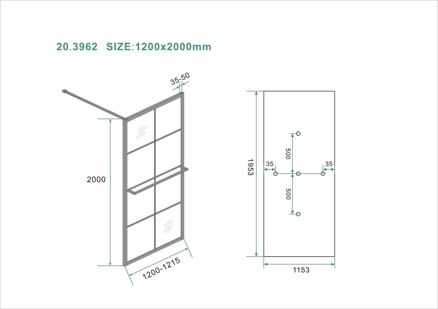 Wiesbaden Maaz inloopdouche zwart raster+handdoekhouder 120x200 cm - 10mm NANO glas - WDtegels