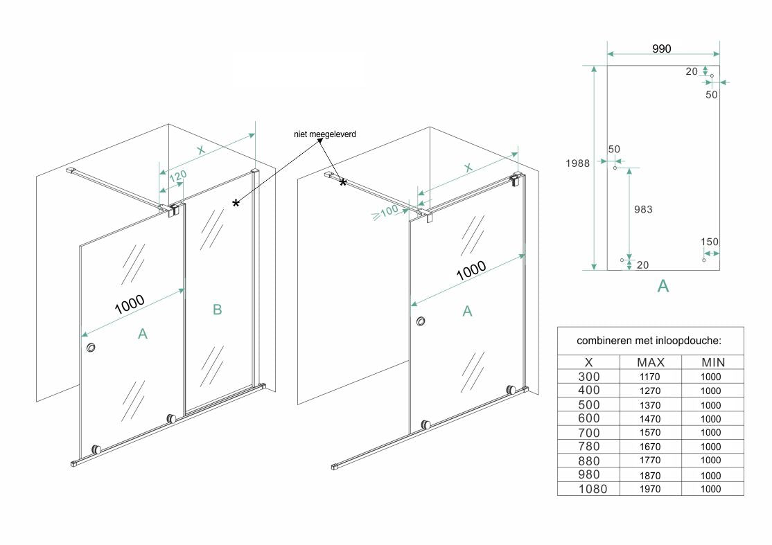 Wiesbaden verleng-inloopdouche 100x200 cm op rail - 10mm NANO glas