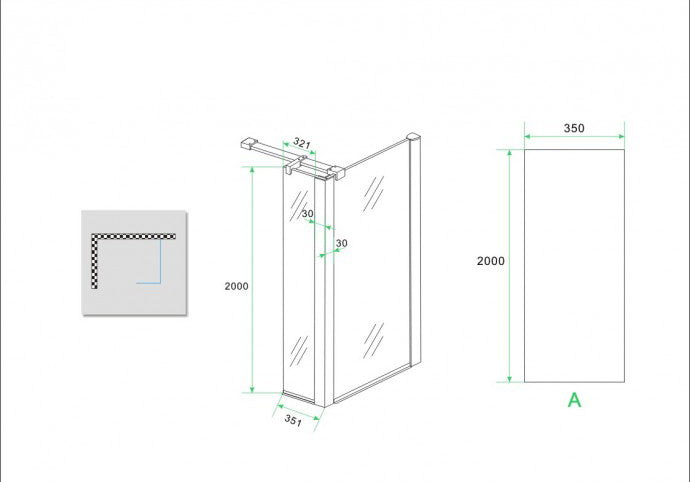 Wiesbaden zijwand+hoekprof. 350x2000 10mm NANO voll.matglas