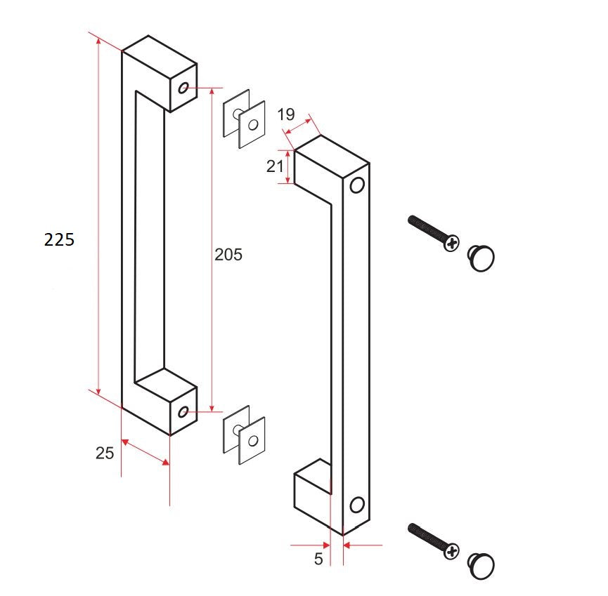 Maattekening Deurgreep type 5 22,5cm Mat zwart