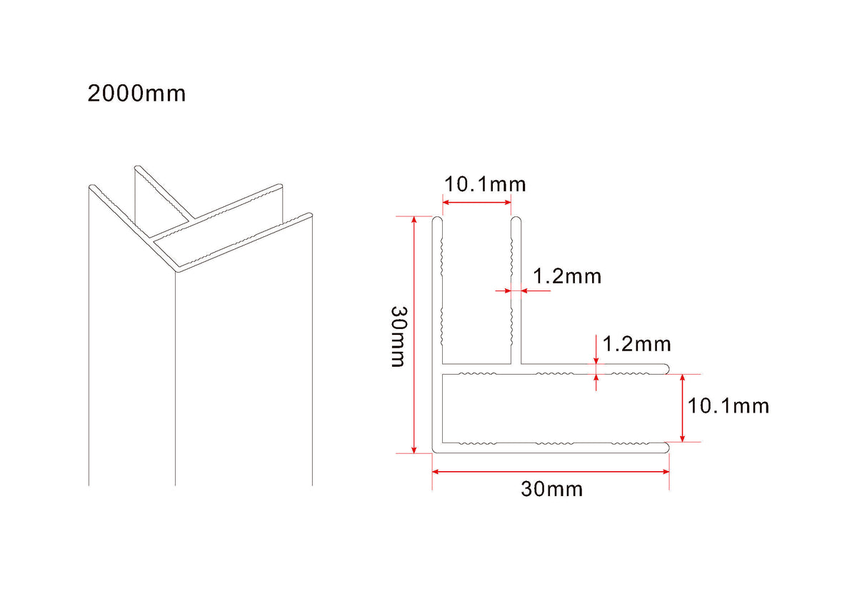 Maattekening Slim hoekprofiel 200cm x 10mm Gunmetal