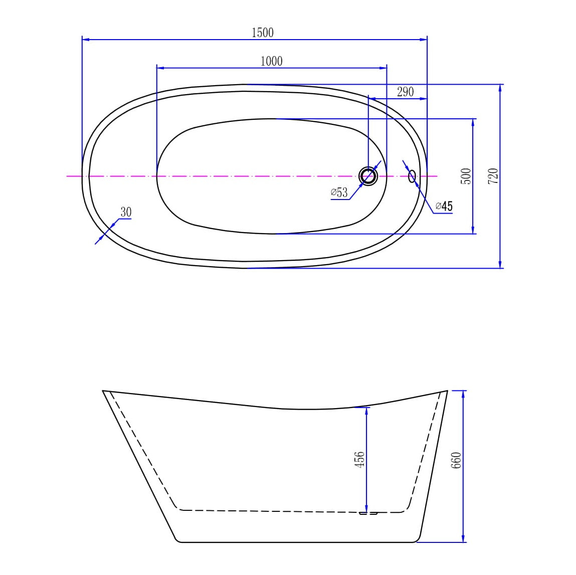 Wiesbaden Trapeze freestanding acrylic bathtub 150 x 72 white