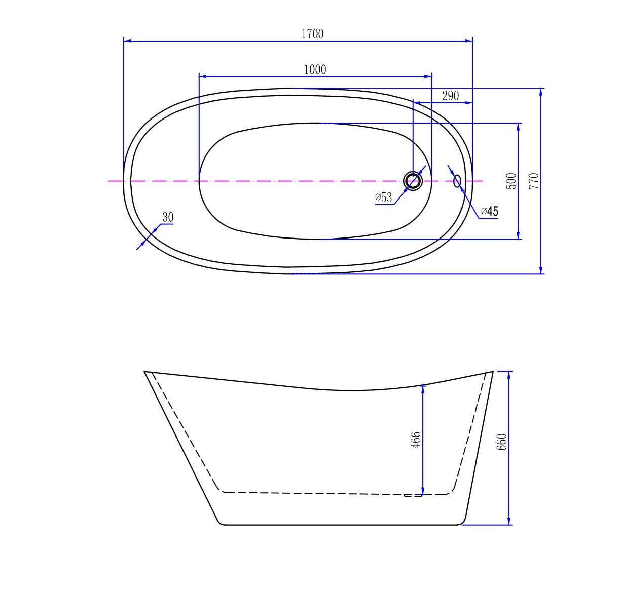 Wiesbaden Trapeze freestanding acrylic bathtub 170 x 77 white