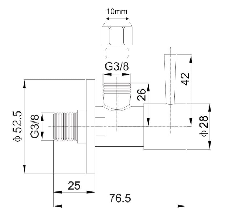 Maattekening Square hoekstopkraan met rozet 3/8" x 10mm knel Mat zwart