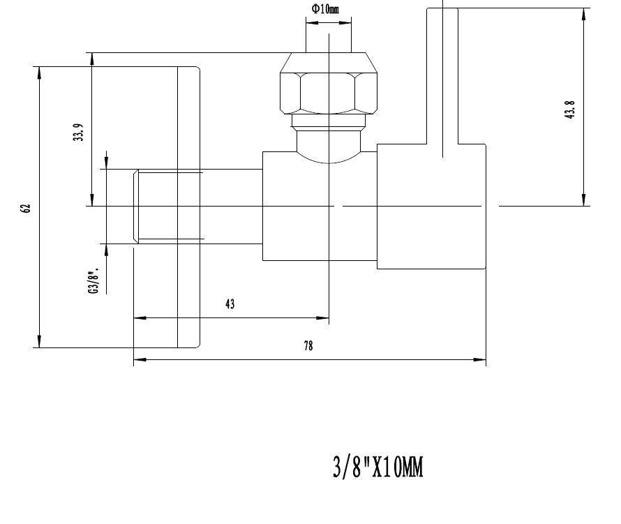 Maattekening Minimal hoekstopkraan met rozet 3/8" x 3/8" of knel 10mm Chroom