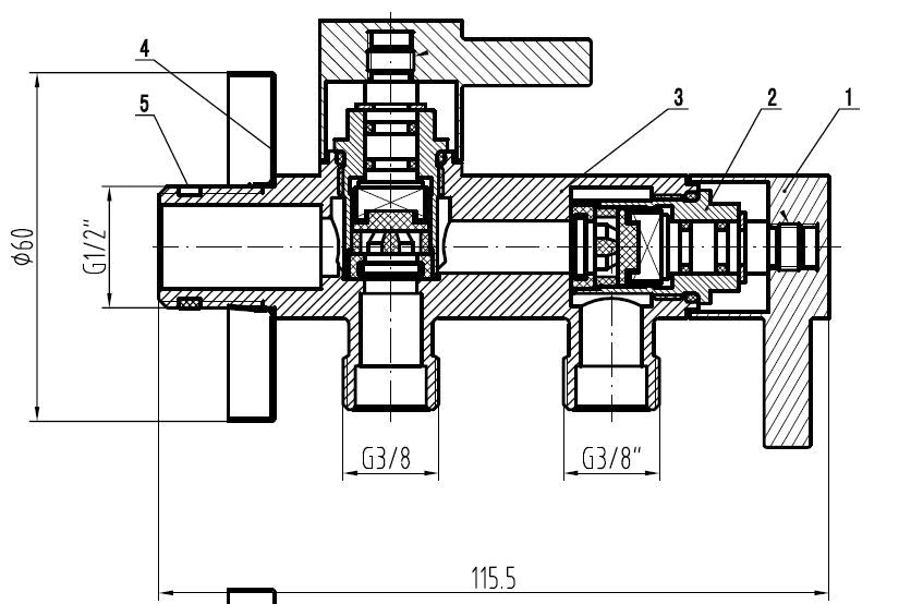 Maattekening Minimal dubbele hoekstopkraan met rozet 1/2" x 3/8" x 3/8" Chroom