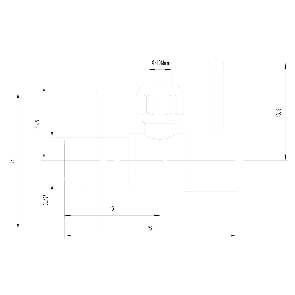 Maattekening Minimal hoekstopkraan 1/2" x 3/8" of knel 10mm Geborsteld messing PVD