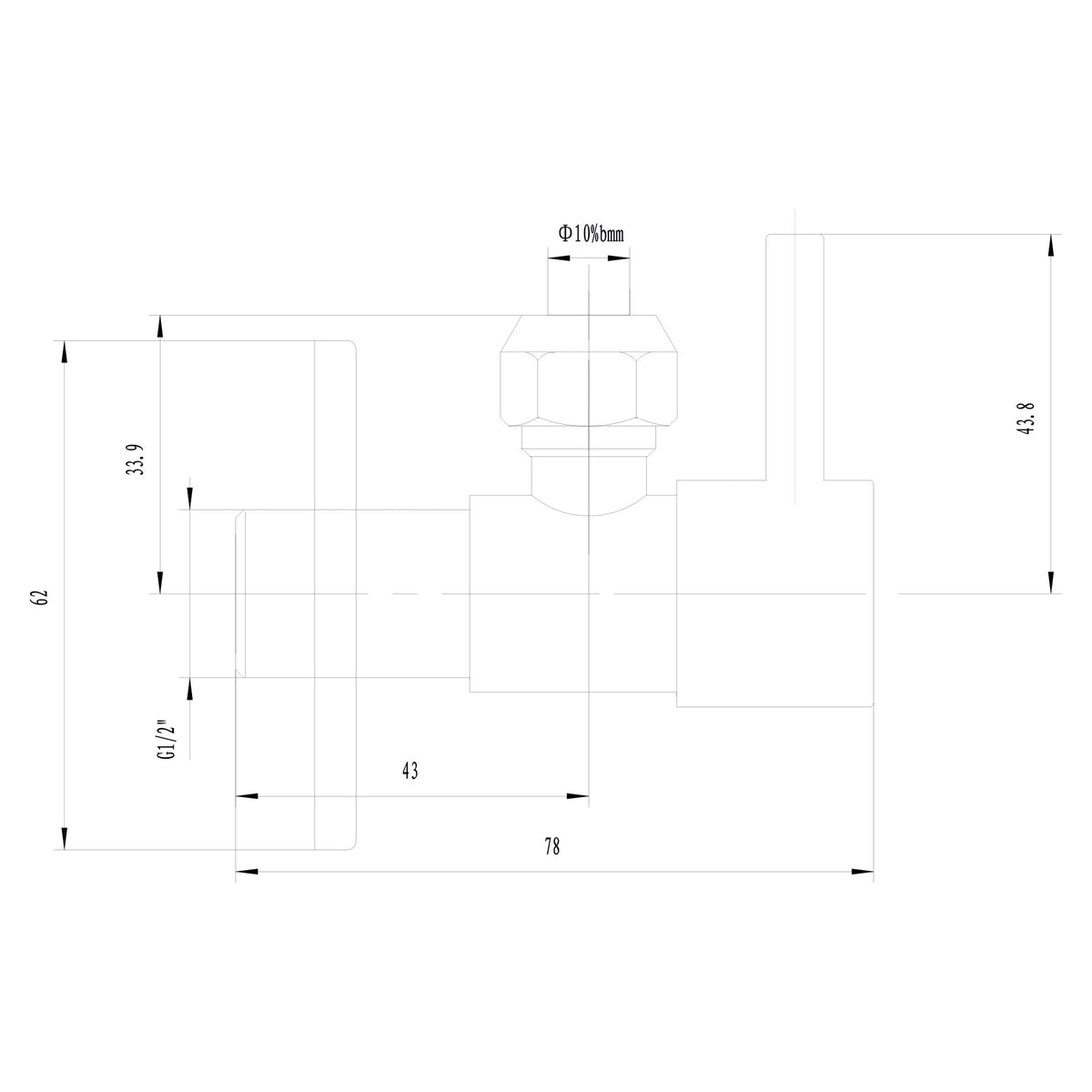 Maattekening Minimal hoekstopkraan 1/2" x 3/8" of knel 10mm Geborsteld brons koper PVD