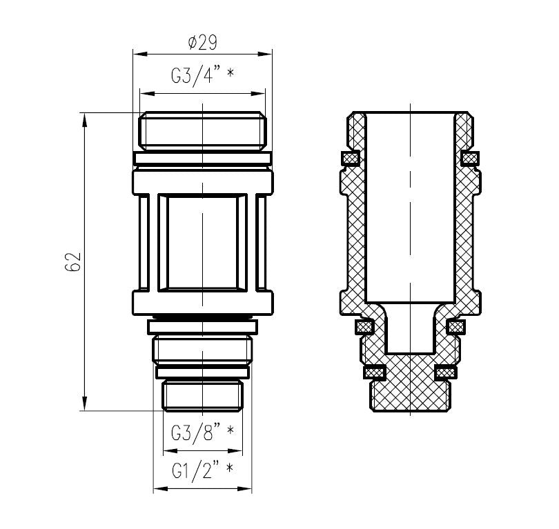 Lijntekening Afdekstop universeel 3/4 inch x 1/2 inch-3/8 inch rood